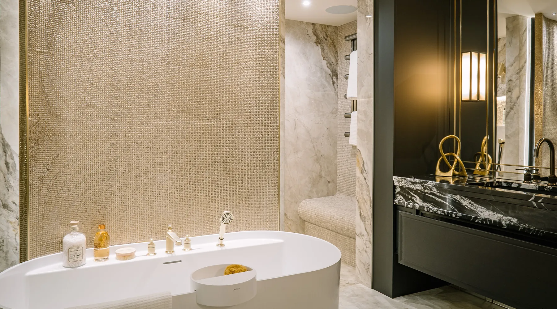 High-end bathroom in a showroom combining smart home technology, interior design and flooring