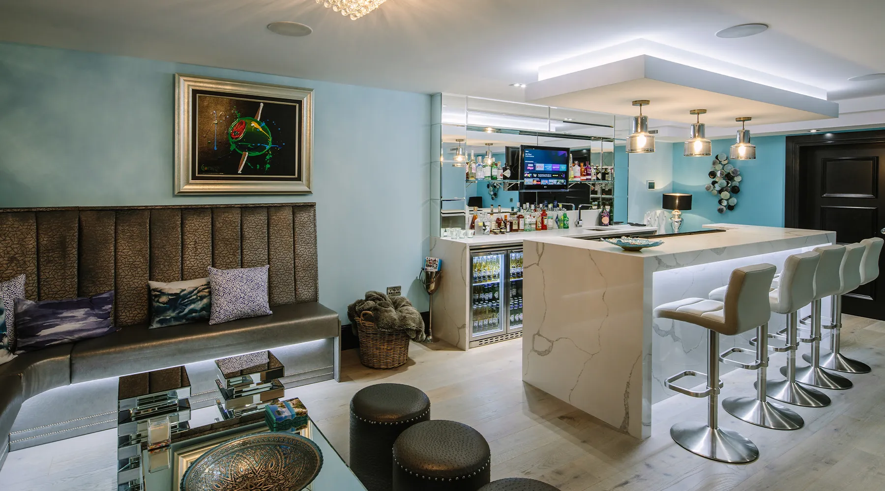 Bespoke bar with lighting design and control, high-end audio and HD-TV screen